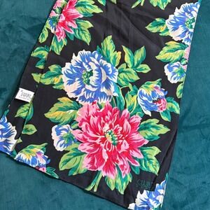 Club 7 Echo Silk Scarf Floral Print Black Pink Blue Made in Japan